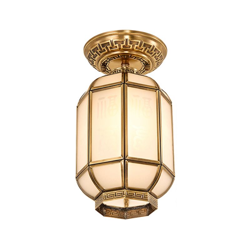 Lantern Frosted Glass Semi Flush Mount Lighting Classic 1 Lichtkorridor Deckenbefestigung in Messing