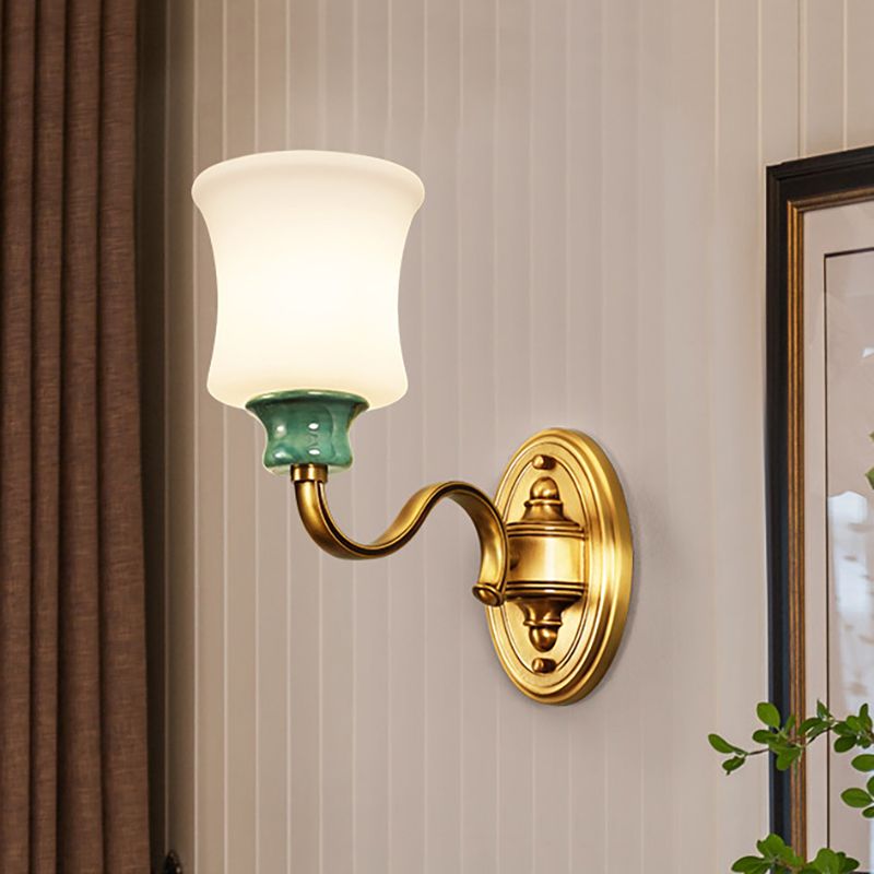 Metal Gold Finish Wall Sconce Bell 1/2-Bulb Vintage Style Wall Light Fixture with Milky Glass Shade