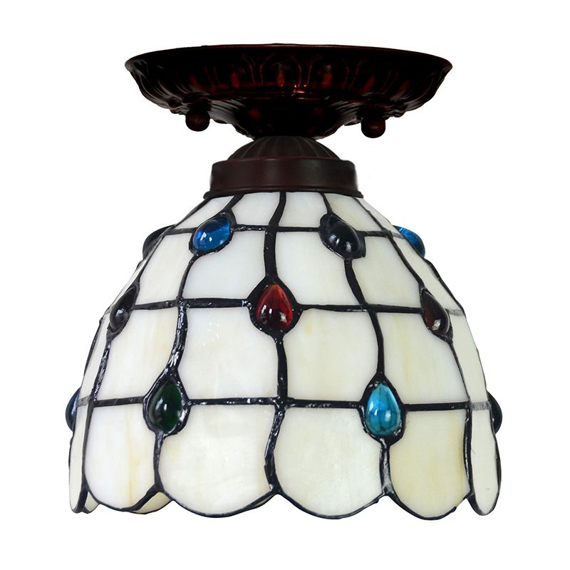 Bell / Globe Flush Fixture de la lumière Tiffany White Grille en verre Cbeille à Beige Single Beige Mount Ceiling Light with Jewels