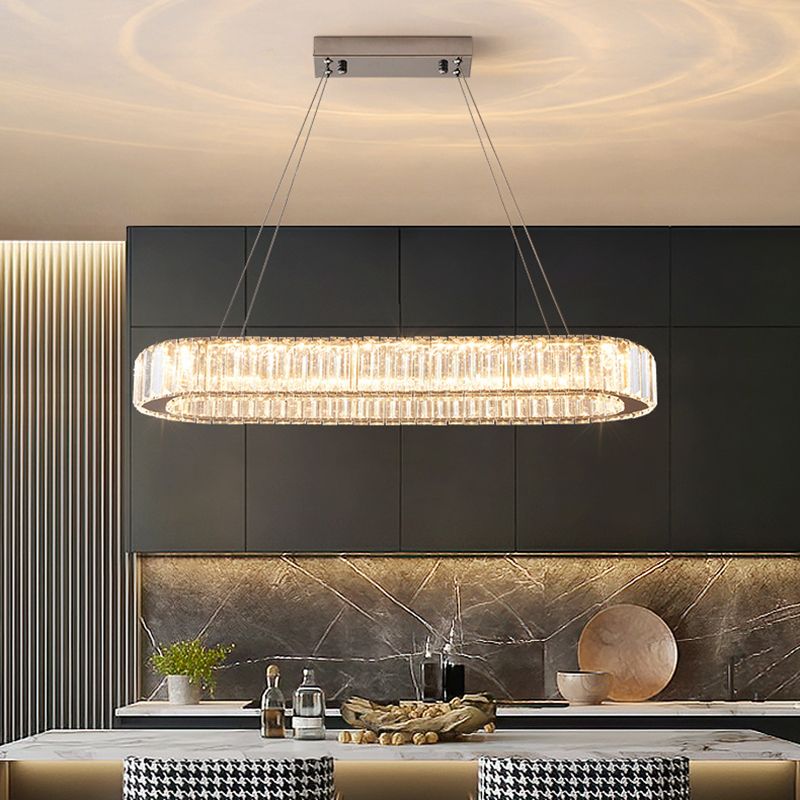 Luz de la isla LED cromada ovalada en la moderna lámpara colgante de acero inoxidable de estilo de lujo con sombra de cristal