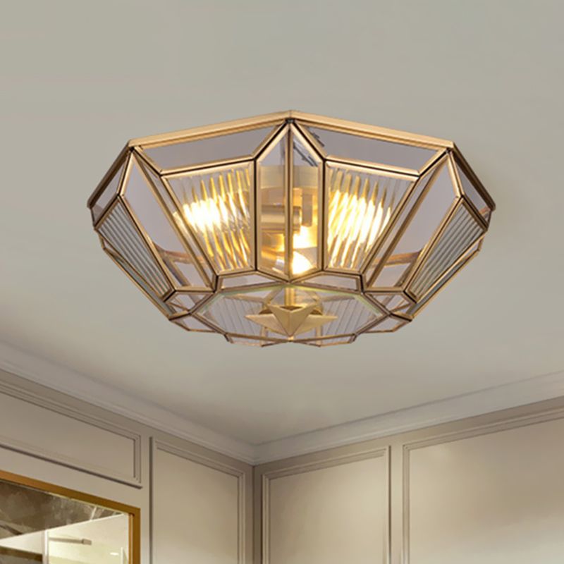 3 Lights Ceiling Flush Mount Colonial Bedroom Flush Light with Geometric Clear Glass Shade in Gold