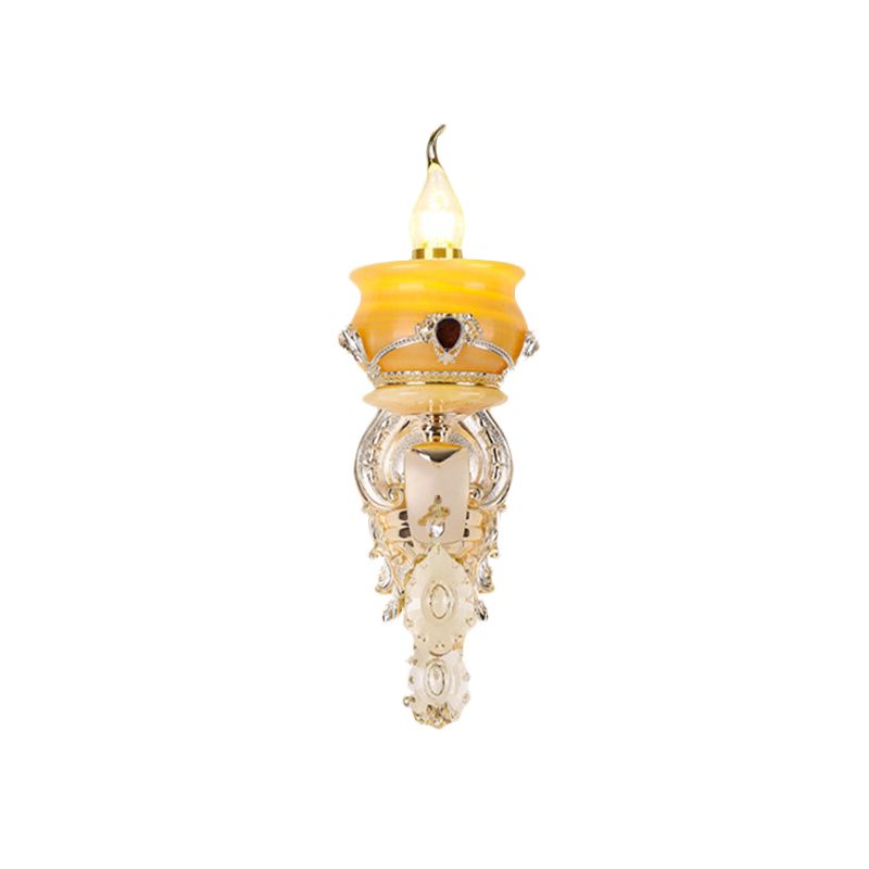 Candlestick Jade Wall Lamp Sconce Vintage 1/2-Head Bedroom Wall Light Fixture in Gold with Crystal Drop