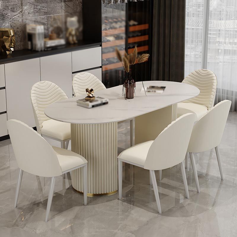 Contemporary Oval Dining Table Stone and Metal Double Pedestal Dining Table in White