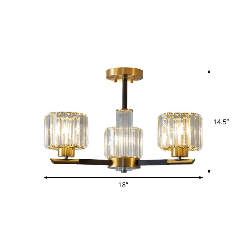 Simplicity Cylinder Semi Mount Lighting 3/6 Lights Crystal Block Ceiling Light in Black and Gold