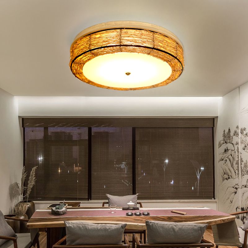 Ronde Vorm Plafondlamp Aziatische Stijl Rotan 3 Lichten Flush Mount voor Slaapkamer