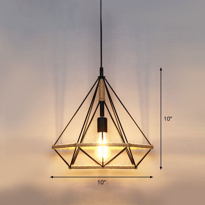 Single Cage Shade Pendulum Light Country Style Wood Rope Suspension Light for Restaurant