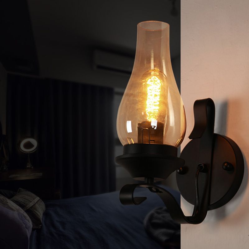 Industrial Vintage Wall Lamp Wrought Iron Indoor Wall Light with Clear Glass Shade