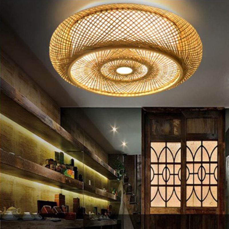 Modern Flush Mount Ceiling Light Beige Drum Close to Ceiling Fixture with Bamboo Shade