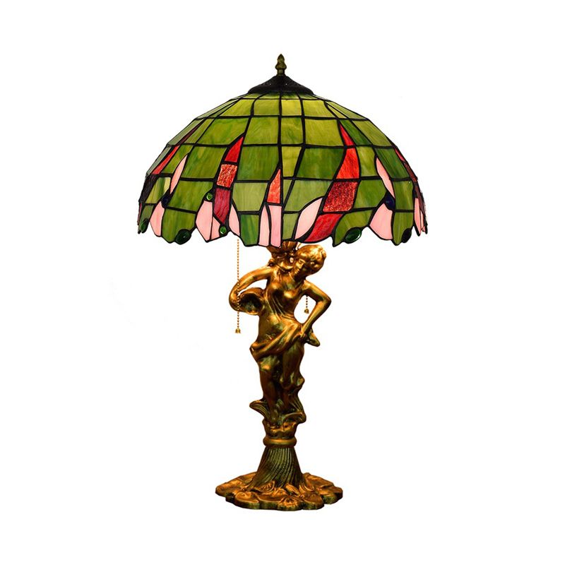 Bronze Dame tenant une table de pot Light Tiffany Tiffany 3-Light Pull Chain Night Lampe avec de l'ombre ornée de bijoux