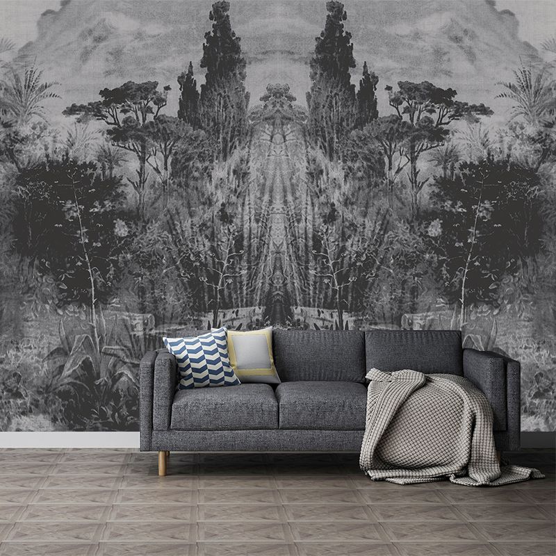 Tropical Plant Park Wallpaper Murals Grey-Black Living Room Wall Decor, Personalised Size
