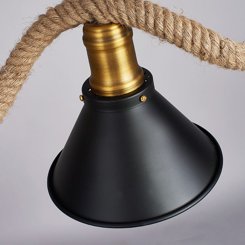 3-Light Retro Hemp Rope Island Light Black Cone Metal Shade Industrial Style Pendant for Restaurant Bar