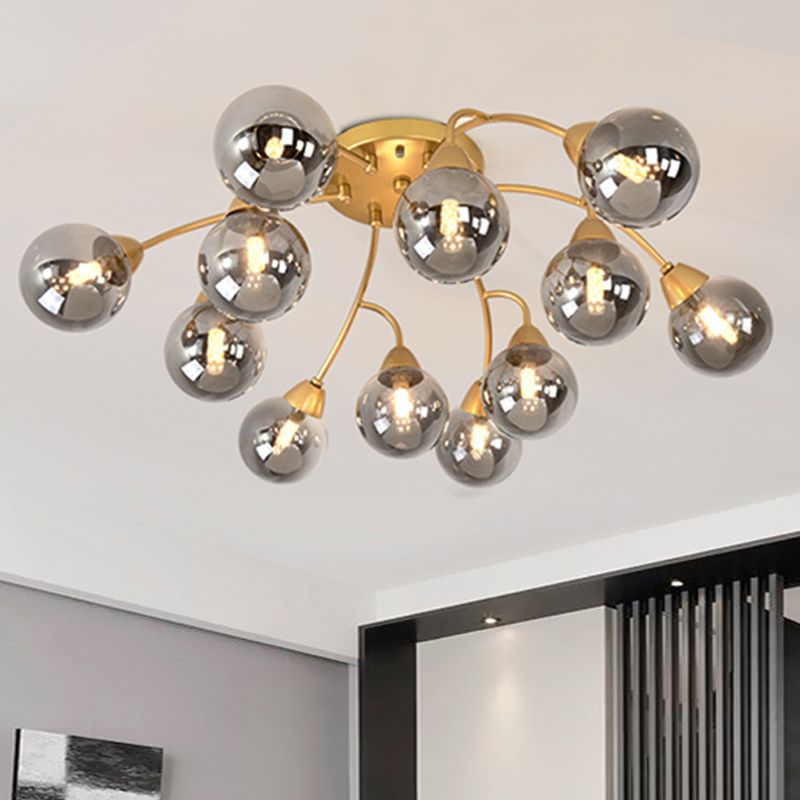 Traubenform Halbflush Lampe Moderne Bernstein/Rauch/Cremeglas 6/12 Lichter Gold LED SEMI Flush Mount Leuchte
