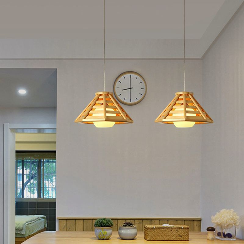 Log Color Truncated Cone Hanging Lamp in Modern Simplicity Wooden Pendant Light with Glass Shade
