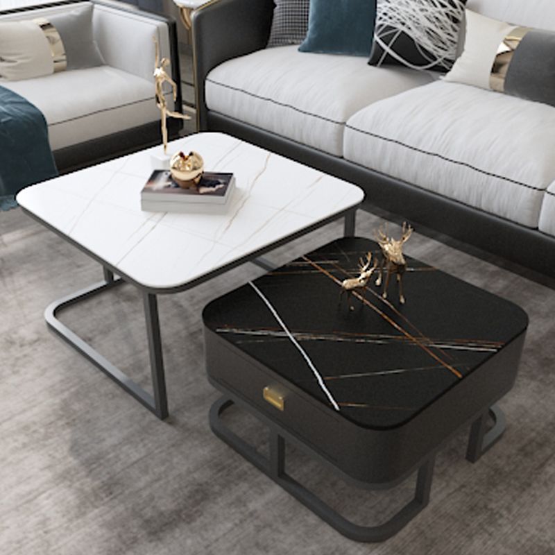 Round Slate/ Glass Coffee Table Frame 2 Nesting Cocktail Table with Storage
