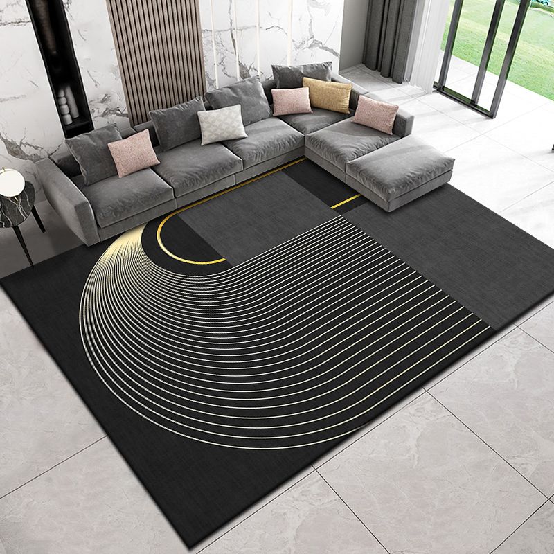 Black Modern Area Rug Line Pattern Polyester Area Carpet Stain Resistant Rug for Home Decor