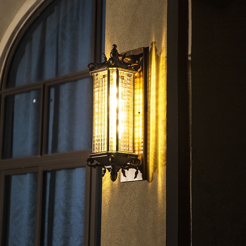 Bronze Rectangular Wall Mount Light Traditional Grid Glass Single Courtyard Wall Light Fixture