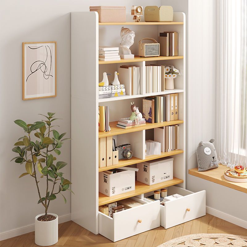 Engineered Wood Floor Bookcase Modern Vertical Closed Back Book Shelf with Drawers
