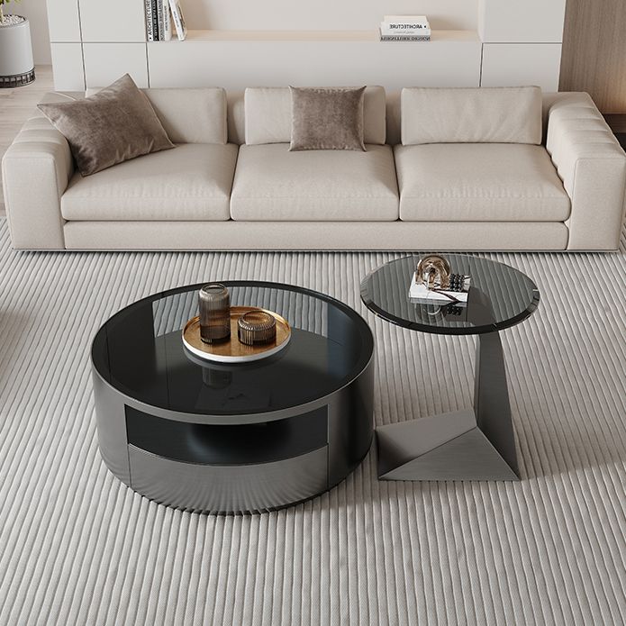 Contemporary Round Glass Coffee Table Set 1-Drawer 2 Piece Bunching Tables