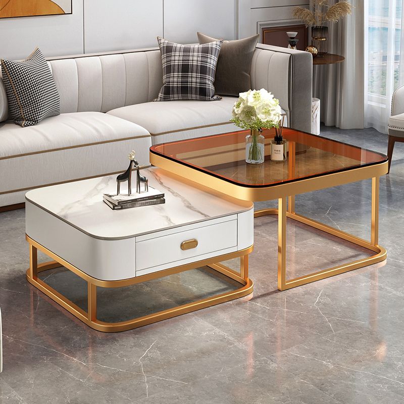 Modern 2 Nesting Glass Coffee Table Set Steel Frame Base 1 - Drawer Cocktail Table