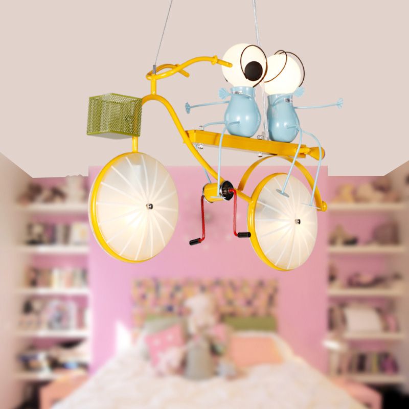 Metal Bicycle Chandelier Lamp Kids LED Yellow Hanging Pendant Light with Frosted Glass Shade