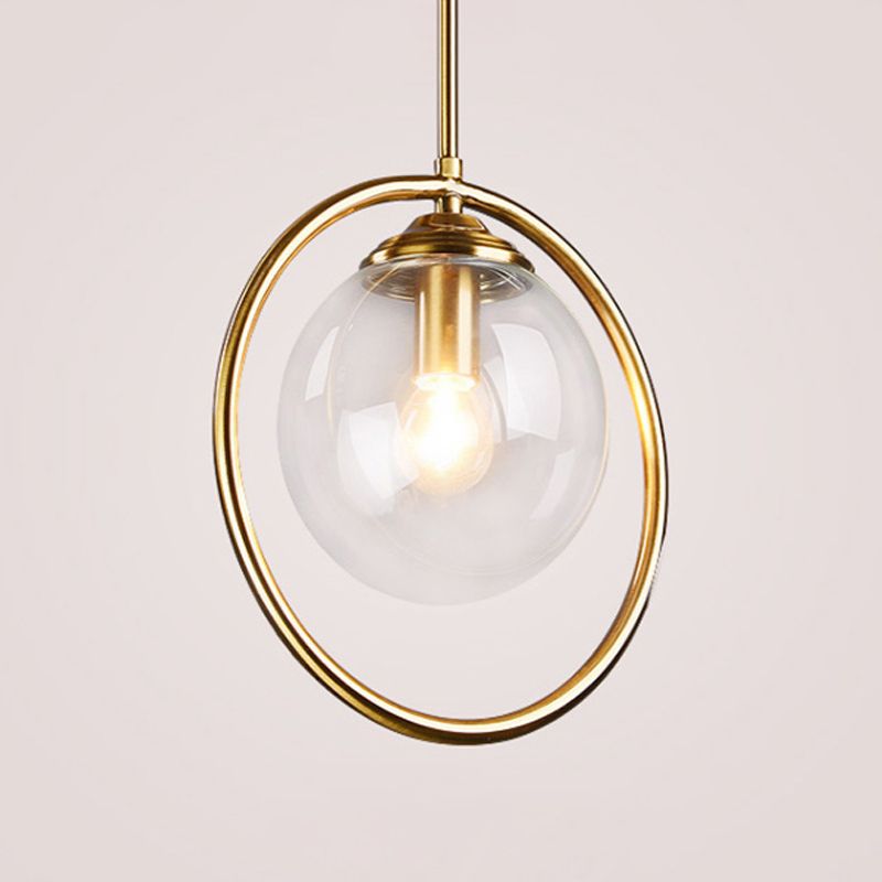 Globe Down Lighting Pendant Postmodern Clear/Amber/Smoke Grey Glass Single-Bulb Bedroom Suspension Light with Brass Ring