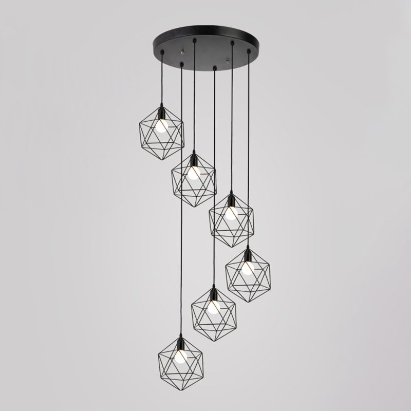 Geometric Cage Staircase Multi Ceiling Lighting Metallic Suspension Light Fixture