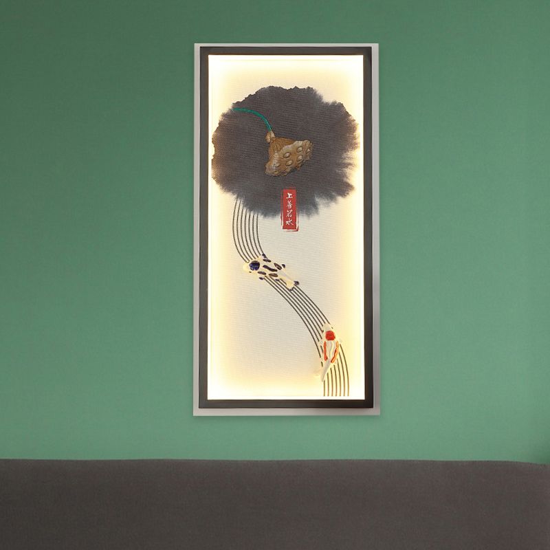 Chinese Style LED Wall Lamp Black Lotus Seed and Fish Mural Lighting Fixture with Aluminum Frame