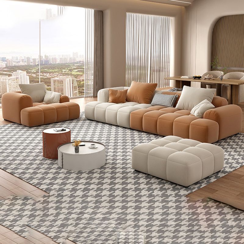 Recessed Arm Sofa Contemporary L Faux Leather Sofa with Pillows