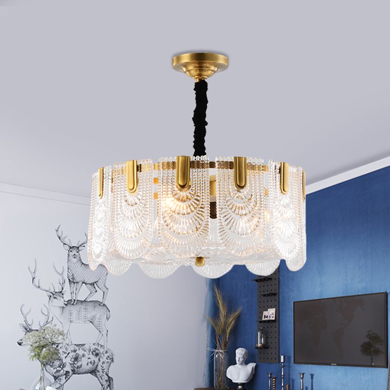 Textured Glass Layered Hanging Ceiling Light Modernism 3/8 Lights Chandelier Light in Brass