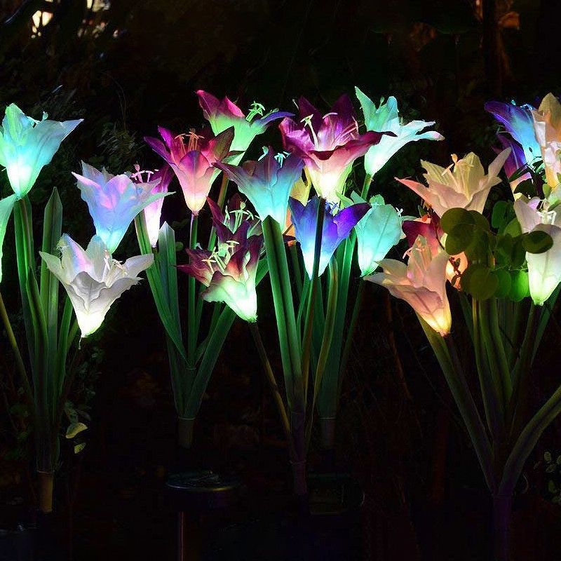 4-Bulb Lawn Ground Light Modern White/Purple/Red Solar LED Path Lamp with Artificial Lily Fabric Shade, 2 Packs