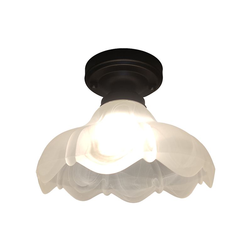 Single Head Flush Mount Countryside Flower White Ribbed Glass Ceiling Fixture in Black