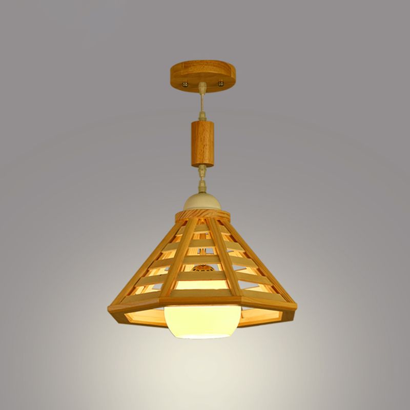 Cone Cage Down Lighting Modernist Wood 1 Light Beige Pendant Lamp Fixture for Dining Room