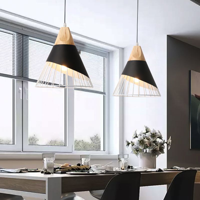 Modernism Cone Pendant Light 1 Light Aluminum and Wood Pendant Ceiling Light in Black/Blue for Dining Table