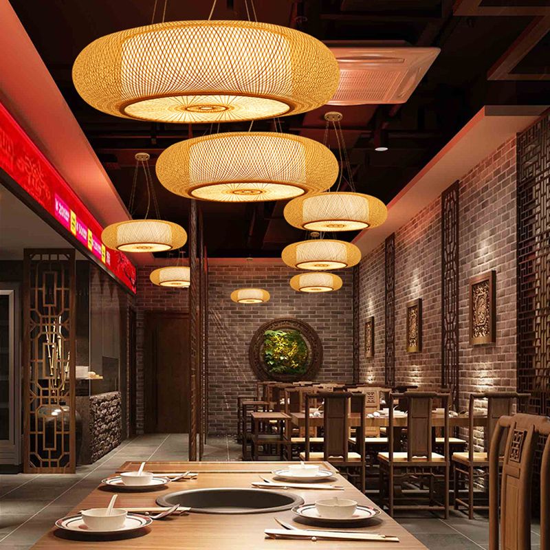 Rounded Drum Bamboo Pendant Lighting Fixture Modern Style Beige Hanging Light Fixture