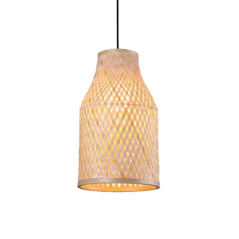 Wood Woven Suspension Lighting Minimalist Single Bamboo Pendant Ceiling Light for Restaurant