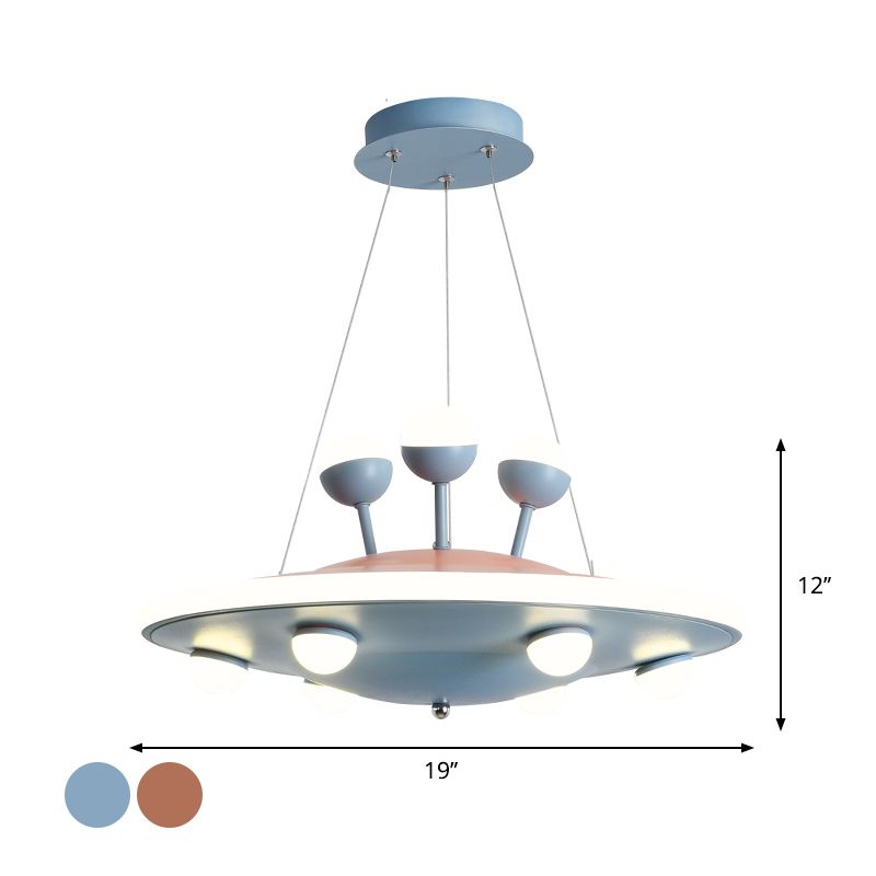 Cartoon UFO Ceiling Chandelier Metal LED Kids Bedroom Pendant Light with Round Canopy in Pink/Blue