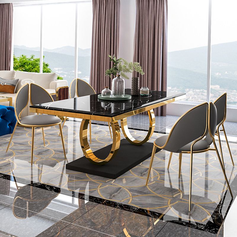 Mesa de comedor de lujo tradicional, mesa de comedor rectangular de piedra con marco dorado para uso doméstico