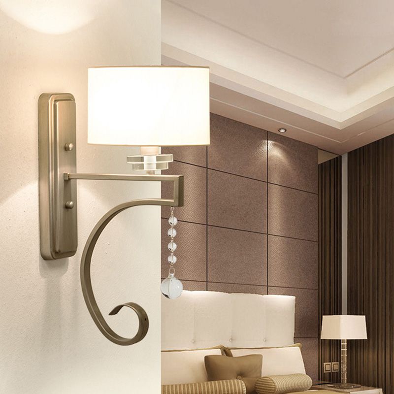 1 Bulb Crystal Wall Sconce Traditional Bedroom Wall Lighting Fixture with Drum Fabric Shade in Nickle
