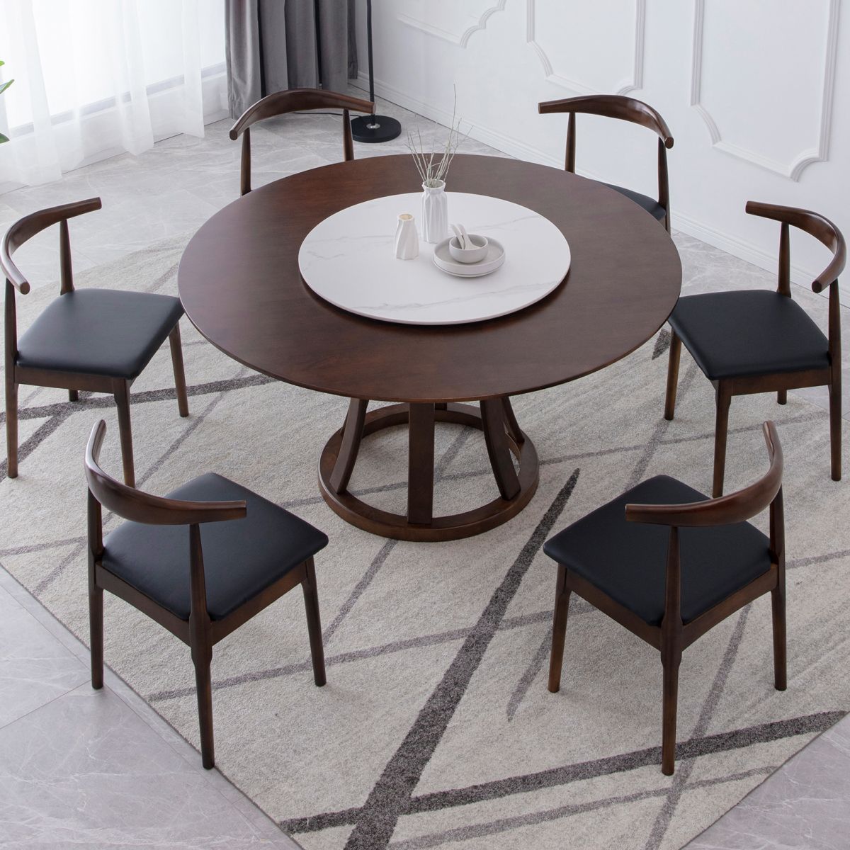 Modern Style Solid Wood Dining Table Brown Round Table with Pedestal Base