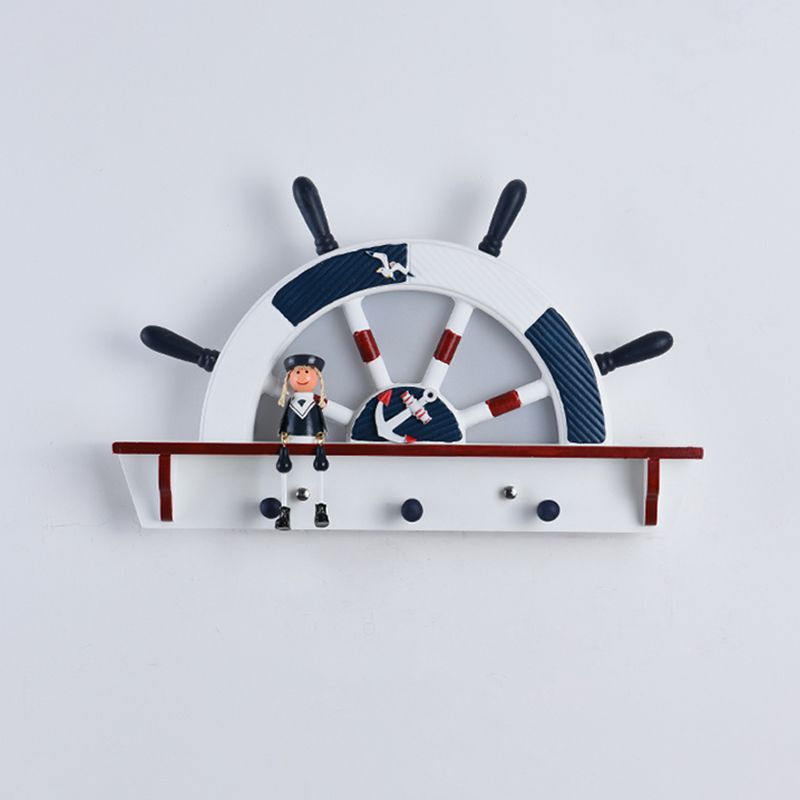 Wood Rudder Flush Mount Wall Sconce Mediterranean LED Wall Lighting Ideas with Cartoon Sailor Deco in Blue