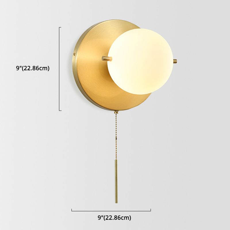 Brass Simplicity Bedside Wall Sconce with Hand Pull Switch Design Globe Glass Shade 1-Light Wall Lamp for Corridor Aisle