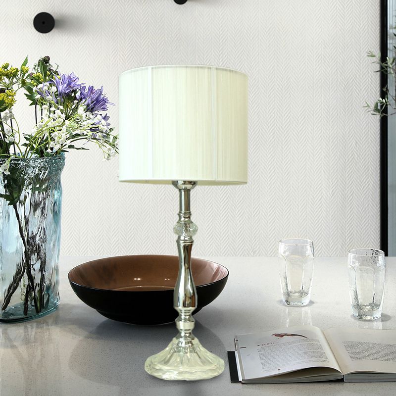 Lámpara de mesa blanca de tela, cilindro, 1 luz, luz nocturna simple para sala de estar con base de cristal
