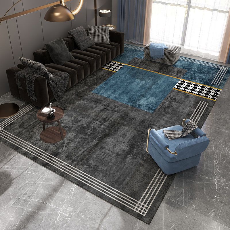 Contemporary Blue Tone Rug Contrast Panel Rug Polyster Stain Resistant Carpet for Living Room