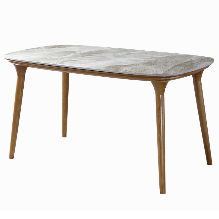 Mesa rectangular moderna de mediados de siglo Mesa de piedra sinterizada con 4 patas base de madera
