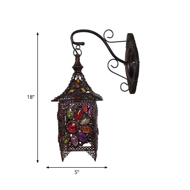 Lantern Bedroom Sconce Wall Light Bohemian Metal 1 Bulb Brass/Black Wall Lighting Fixture