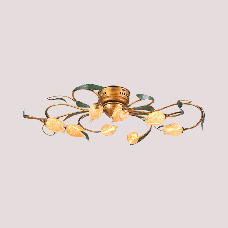 8/15 Heads Ceiling Mounted Fixture American Garden Bedroom LED Semi Flush Light with Tulip Frosted Glass in Brass