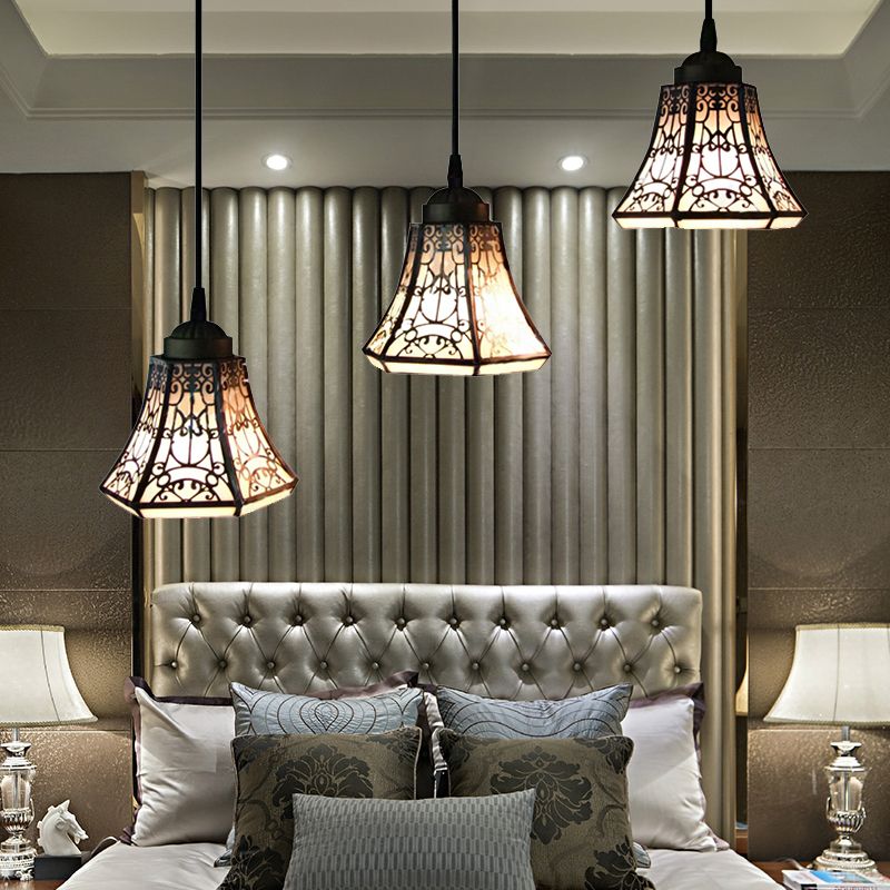 Tiffany Bell Pendant Light Fixture 3 Heads Stained Art Glass Down Lighting in Black and White for Bedroom