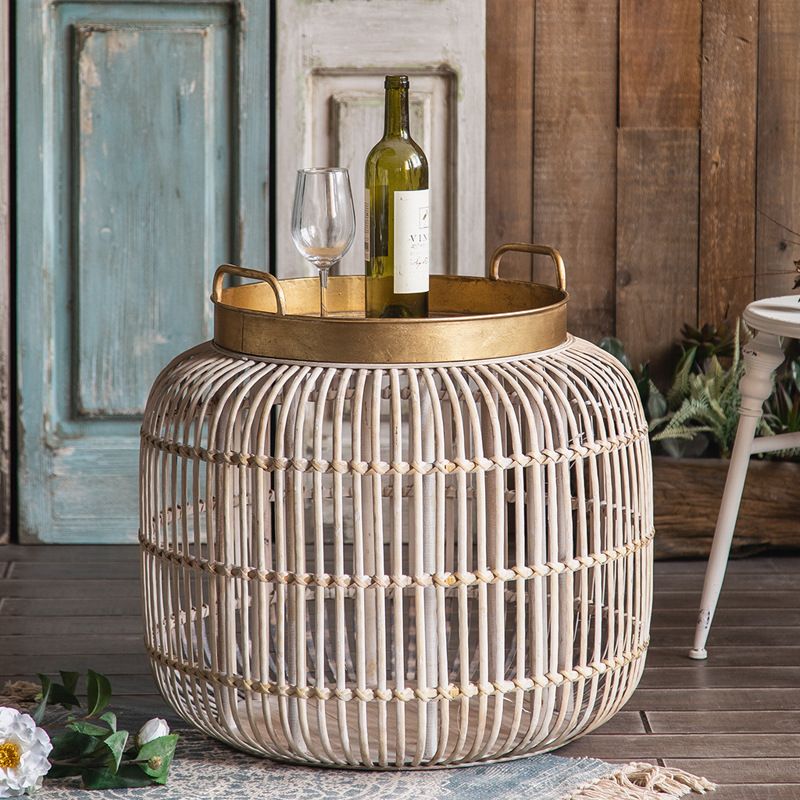 Tray Top Side Accent Table Rustic Metal and Rattan Drum End Table