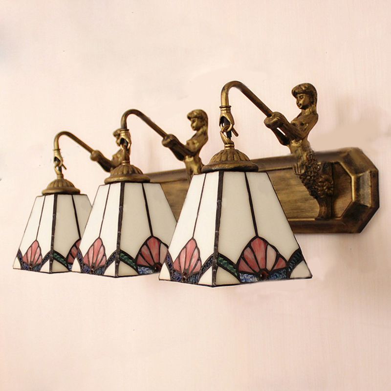 Trapezoid Wall Mount Light Tiffany White Glass 3 Lights Brass Vanity Light Fixture with Mermaid Decoration