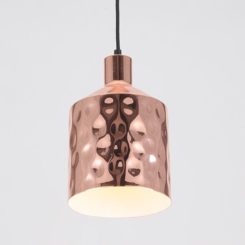 Mid Century Single Hanging Lamp Iron Rose Gold Dimpled Cylindrical Pendant Lighting Fixture